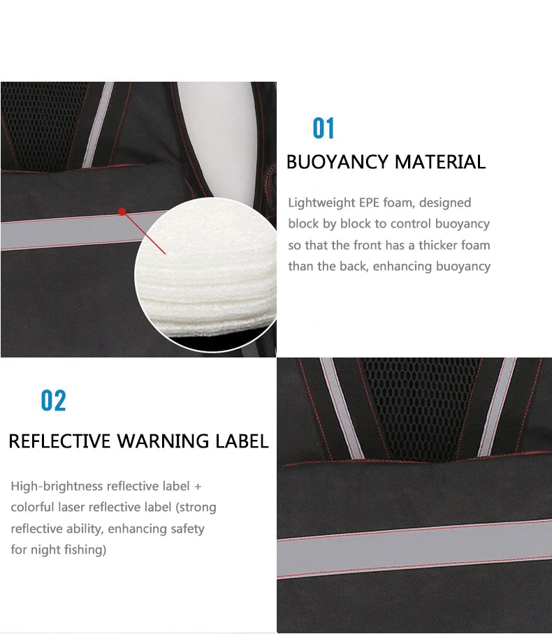 multi-functional life jacket vest for outdoor fishing, a must-have for safety. Multiple pockets for storage, buoyant materials