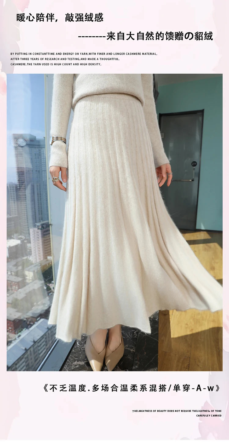mink cashmere skirt Fashion long dress women A-line skirt autumn winter loose pleated skirt elegant high-waisted skirt ladies