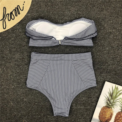 Cikini-Women's Split Swimming Suit, Irregular Striped, Lotus Leaf Edge, High Waist Bikini, Swimming Suit