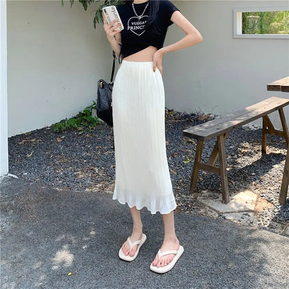 Summer New Fashion Solid Spring Wrapped Hip Fishtail Skirt Women Patchwork Elastic Waist Elegant Gentle Mid Length A-line Skirts