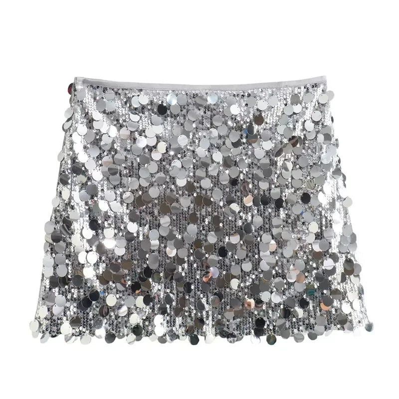 HXAO Woman Skirt Sequin Black Mini Skirt Shiny Silver Short Skirts Women High Waist Party A Line Skirt Glitter Women's Skirts