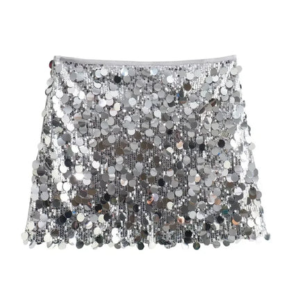 HXAO Woman Skirt Sequin Black Mini Skirt Shiny Silver Short Skirts Women High Waist Party A Line Skirt Glitter Women's Skirts