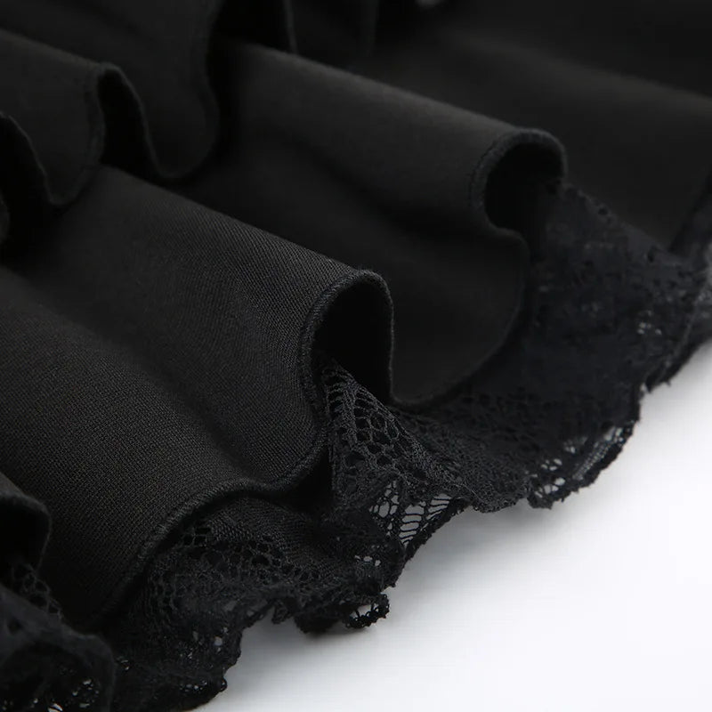 Goth Y2K Black Lace Trim Bow A Line Mini Skirt Women Korean Streetwear