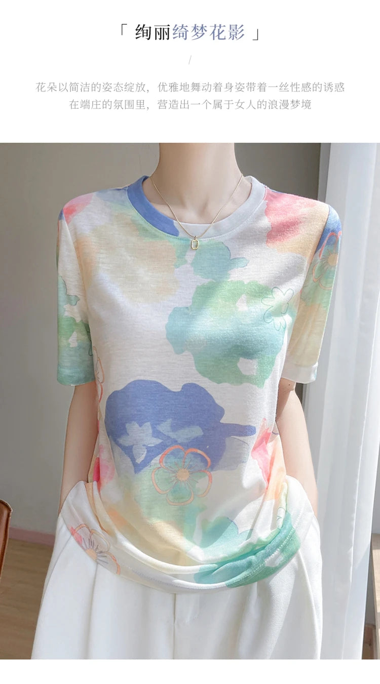 Spring And Summer New Lyocell Short Sleeve Sweater Loose Thin Half Sleeve T-shirt Printed Top