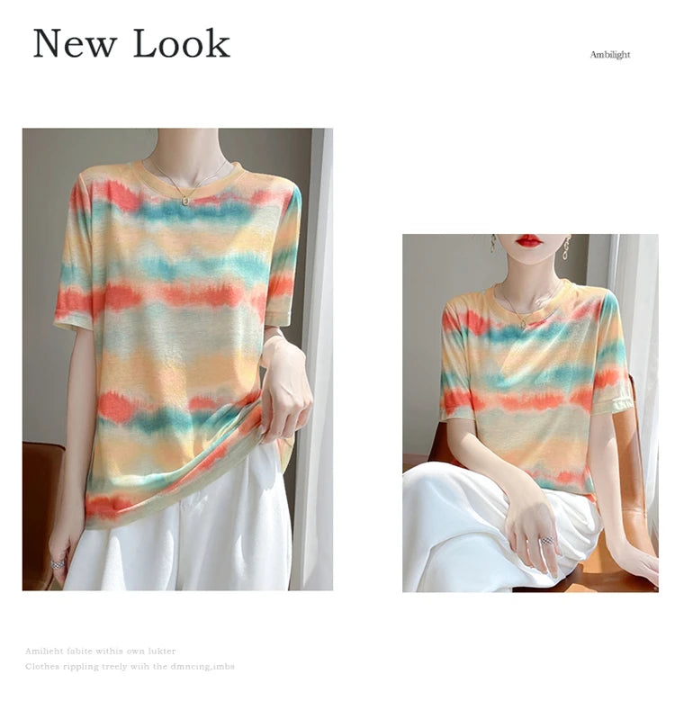 Spring And Summer New Lyocell Short Sleeve Sweater Loose Thin Half Sleeve T-shirt Printed Top
