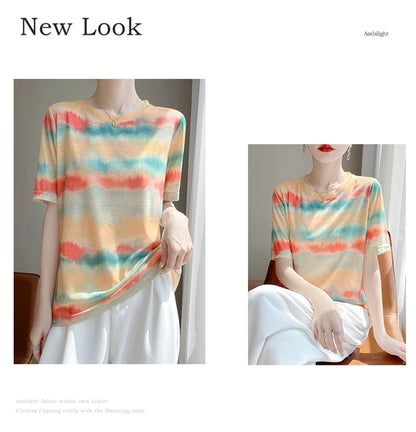 Spring And Summer New Lyocell Short Sleeve Sweater Loose Thin Half Sleeve T-shirt Printed Top