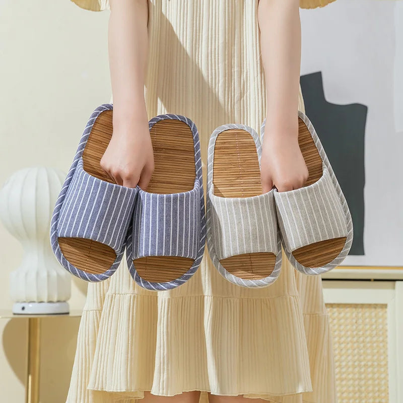 Striped Slippers Bamboo Women Autumn Home Couples Indoor House Non Slip Funny Sandals Shoes Male Soft Flat Summer For Tatami