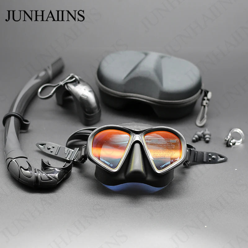Professional Wet Low Volume Freediving Mask, Tempered Glass dive Mask, J-Type Diving Mask, Snorkel Set, With Go-Pro Camera Mount