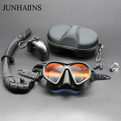 Professional Wet Low Volume Freediving Mask, Tempered Glass dive Mask, J-Type Diving Mask, Snorkel Set, With Go-Pro Camera Mount