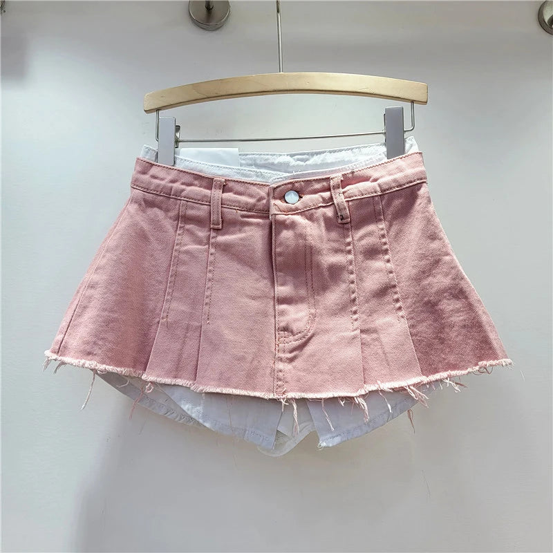 KBQ Temperament Slim Fit Denim Mini Slirts For Women High Waist Spliced Button Daily Casual Commute Skirt Female Fashion Style