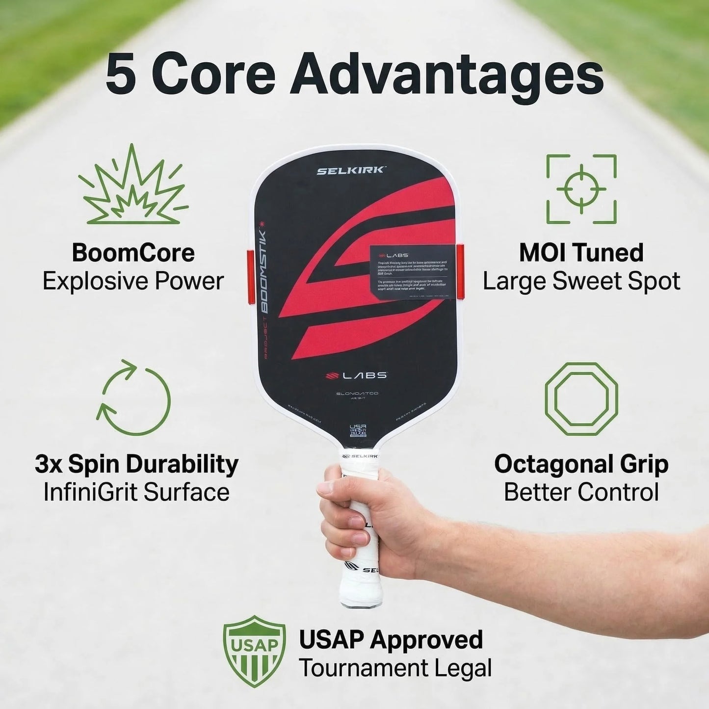 SLK LABS Project Boomstik Elongated Pickleball Paddles High Spin Control Large Sweet Spot BoomCore MOI Tuning USAP Approved