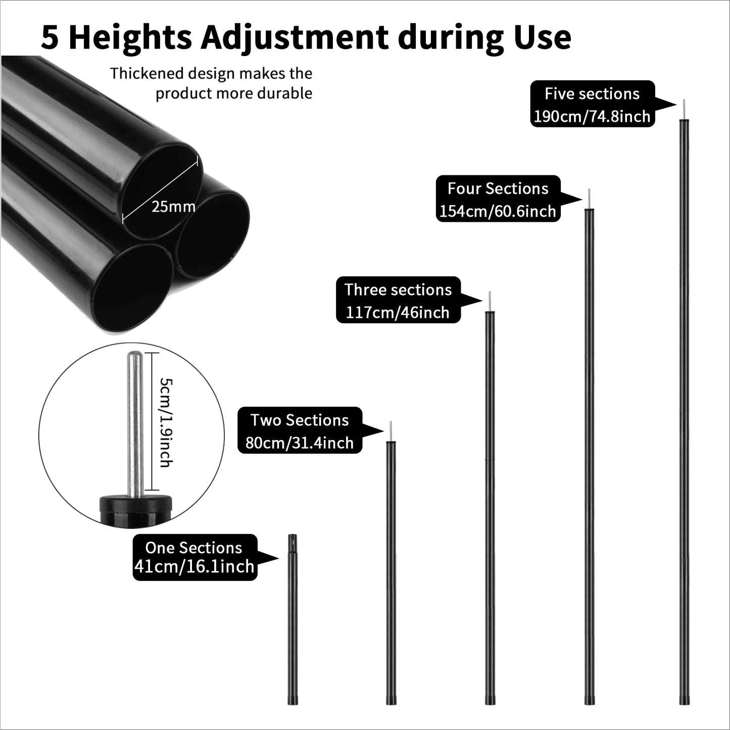 Tent Poles Camping Poles for Tarp Awning Canopy Shelter Sun Sail Tarpaulin Headroom Galvanized Steel Adjustable Telescoping Rods