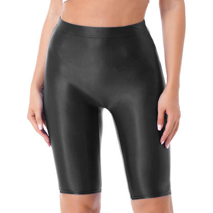 Women Glossy Shorts High Waist Fitness Short Leggings Oil Shiny Knee-Length Tights Swimming Trunks Female Workout Sports Bottoms