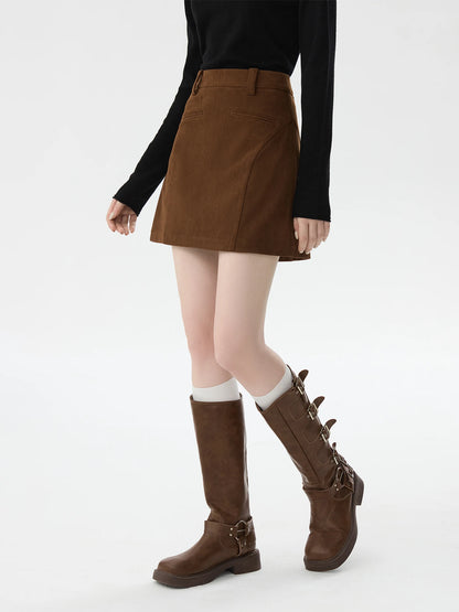 FSLE【2 Colors】Women Mini Skirts Zipper Waist Retro Brown Corduroy Above-Knee Length A-LINE Skirts Winter Black Bottom 24FS14555