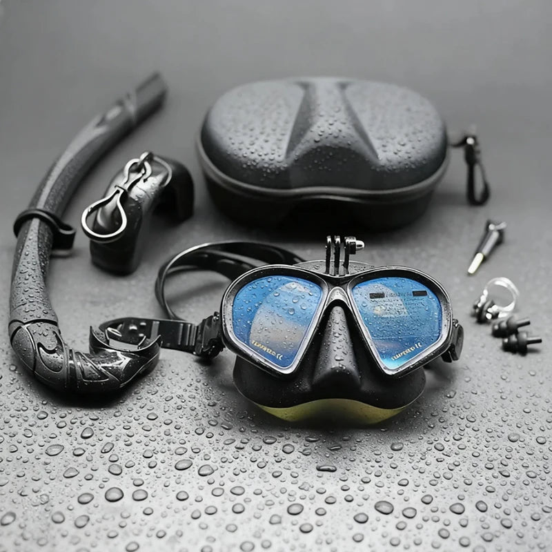Professional Wet Low Volume Freediving Mask, Tempered Glass dive Mask, J-Type Diving Mask, Snorkel Set, With Go-Pro Camera Mount