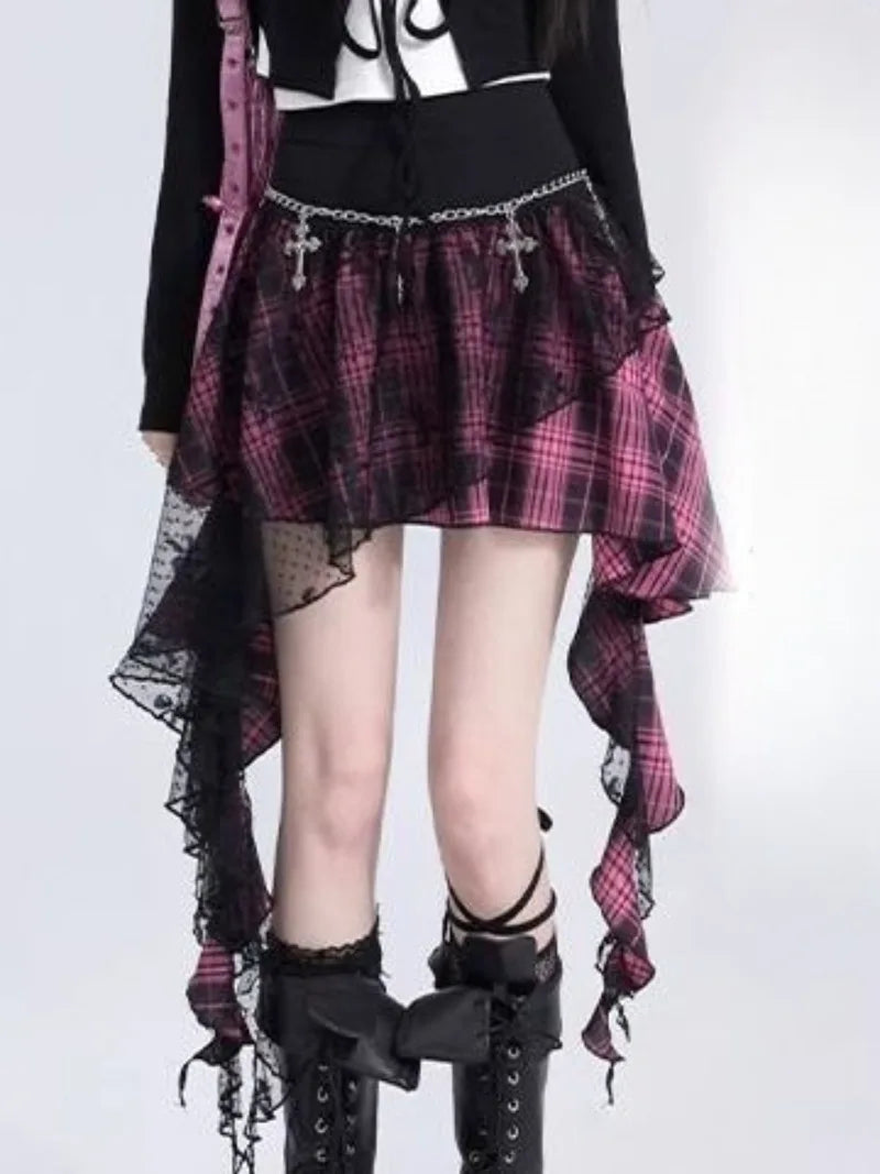 Y2K Skirts for Women Japanese Sweet Harajuku Mujer Faldas Punk Irregular Aesthetic Skirt Gauze Patch Plaid Vintage Faldas