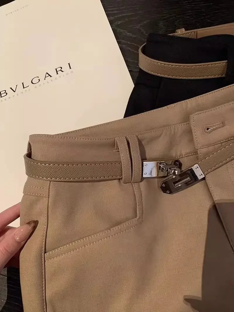 Khaki Casual Pants for Women Autumn and Winter Outerwear Booty Shorts Hips Elastic Tight Design High Waist Slimming Shorts Women