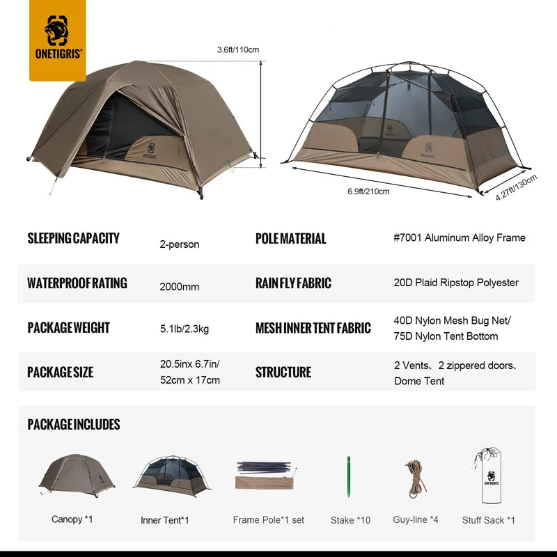 OneTigris COSMITTO 2.0 Camping tent for Two Person 3-Season Easy Setup Instant Travel Tent For Hiking Trekking Fishing Beach