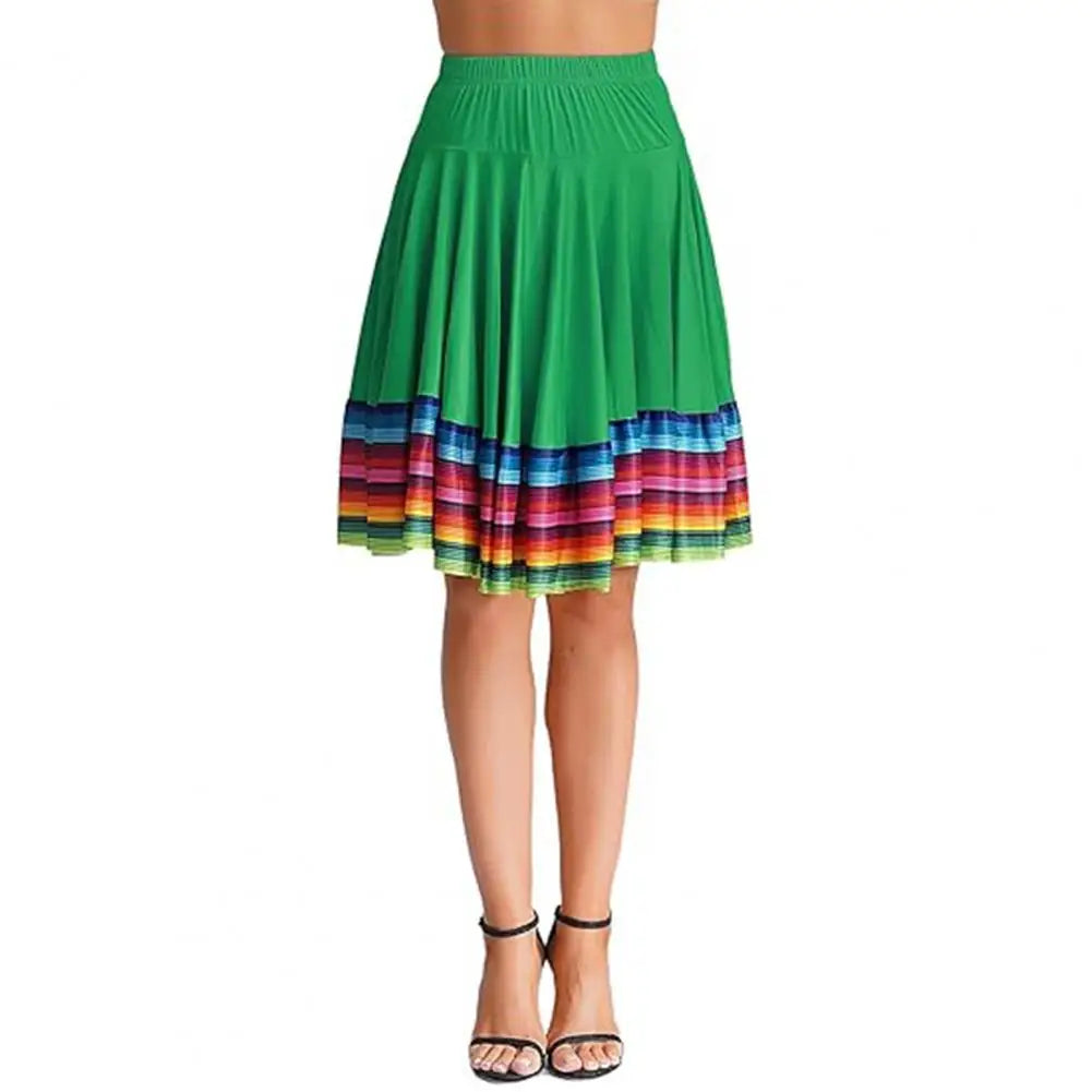 Midi Skirt Ladies Folk Dance Skirt Elastic High Waist Spanish Swing Skirt Rainbow Large Swing Hem Mexican Flamenco Dance Skirts