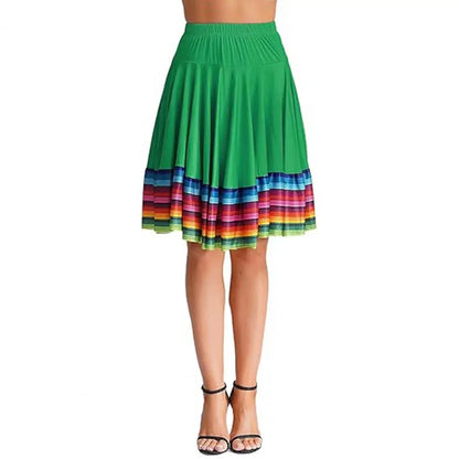 Midi Skirt Ladies Folk Dance Skirt Elastic High Waist Spanish Swing Skirt Rainbow Large Swing Hem Mexican Flamenco Dance Skirts