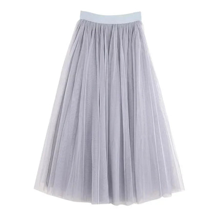 Women Mesh Elastic Tutu Skirt Beach Spring Summer Korean High Waist Fashion Pleated Long Skirt Black White Tulle Skirts LSK010