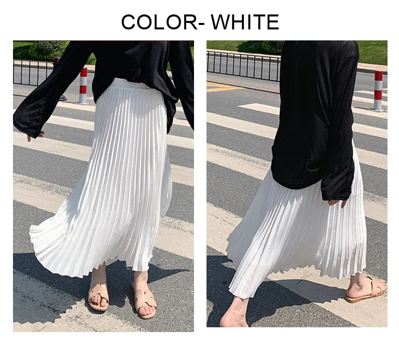 Womens Chic Pleated Swing Long Skirt with Liner Korean Fashion Kawaii Elastic High Waist OL Chiffon Shirring Mermaid Skirts K77