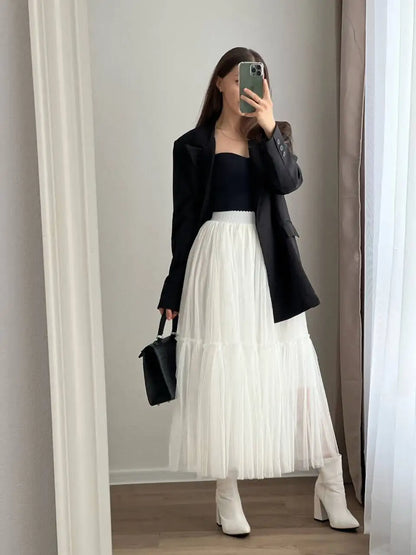 Hirsionsan Pleated Cake Skirts Women 2024 New Korean Harajuku Sweet Lace Skirt Ladies Elegant Party Ball Gown Female Mesh Skirt