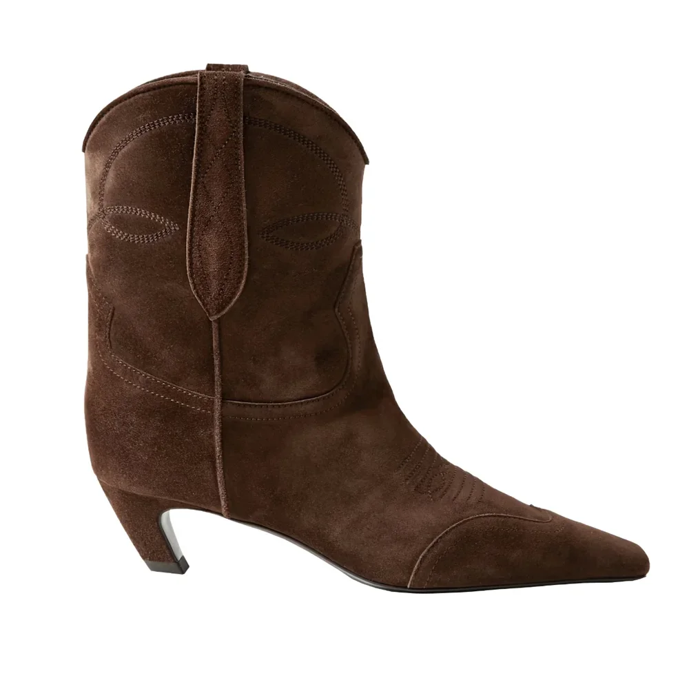 Embroidered Square Toe Cat Heel Western Cowboy Boots Woman Winter 2025 Slip-On Shaped Heel Slim Boots Fashion Shoes for Women