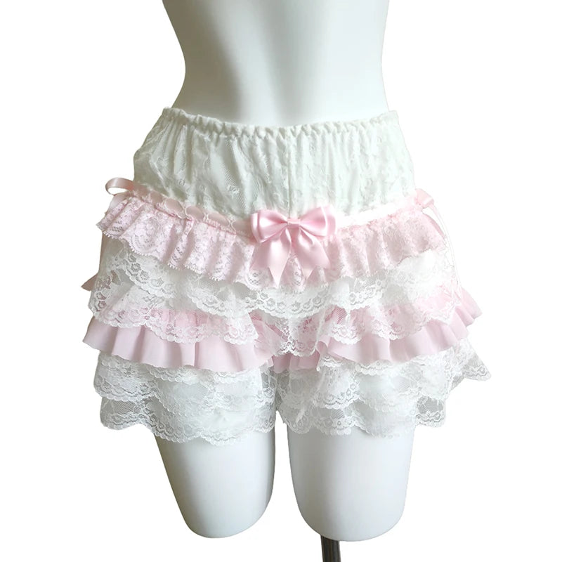 Cute Shorts Women Summer Bow Decoration Pink Lace Patchwork Elastic Waist Lolita Multilayer Bottoming Shorts for Sweet Girls