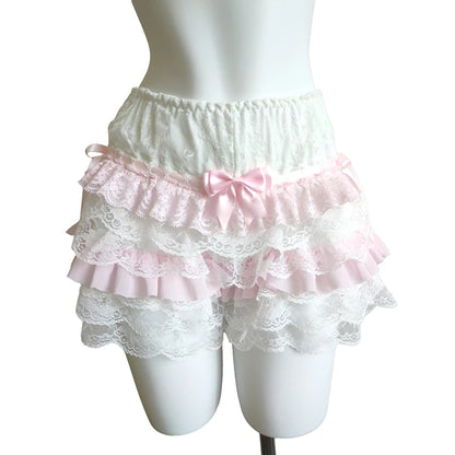 Cute Shorts Women Summer Bow Decoration Pink Lace Patchwork Elastic Waist Lolita Multilayer Bottoming Shorts for Sweet Girls
