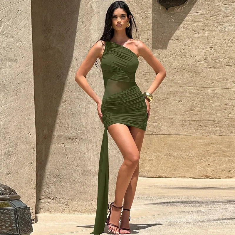 Avrilyaan Mesh Patchwork Backless Sexy Dress Women 2025 Nightclub Party Dress One-Shoulder Ruched Bodycon Mini Summer Dress