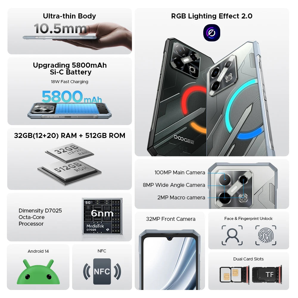World Premiere DOOGEE Blade GT Pro 5G Rugged Phone LED Light Effect 12GB 512GB 10.5mm Ultra-thin 100MP AI Camera 5800mAh Battery