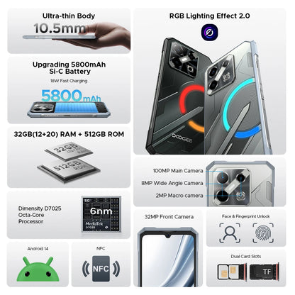 World Premiere DOOGEE Blade GT Pro 5G Rugged Phone LED Light Effect 12GB 512GB 10.5mm Ultra-thin 100MP AI Camera 5800mAh Battery
