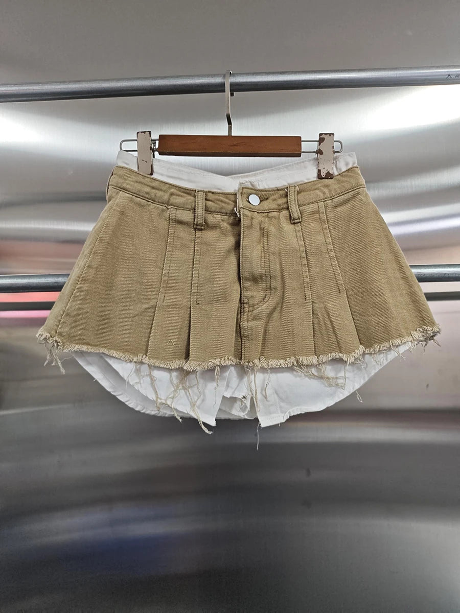 KBQ Temperament Slim Fit Denim Mini Slirts For Women High Waist Spliced Button Daily Casual Commute Skirt Female Fashion Style