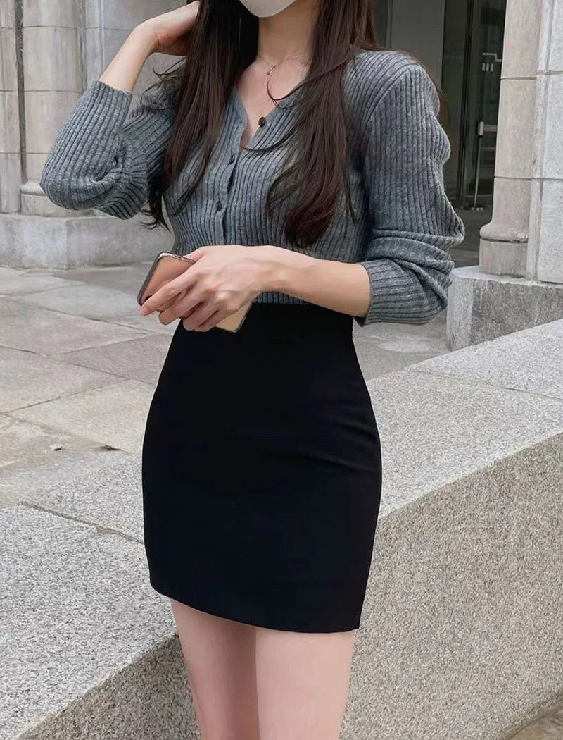 Xpqbb Black Gray Women's Mini Skirt Korean Fashion High Waist OL Office Package Hip Skirts Ladies Solid Simple Pencil Skirt