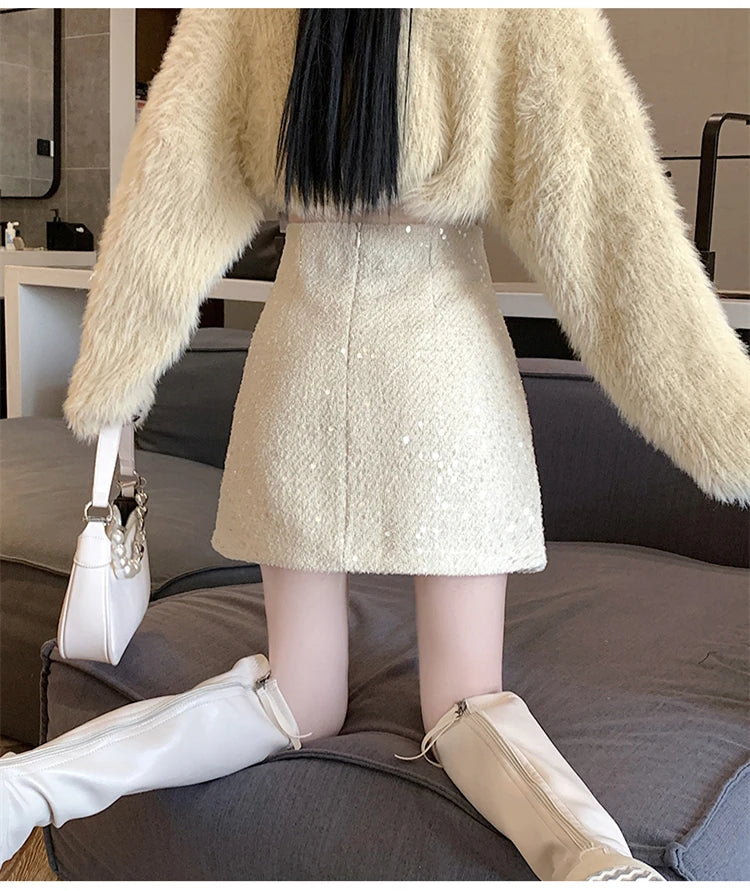 Fashion Y2K Streetwear Winter Mini Skirt Women Glitter Sequin Bodycon Tweed Skirts With Shorts A-Line Pink White Black Faldas