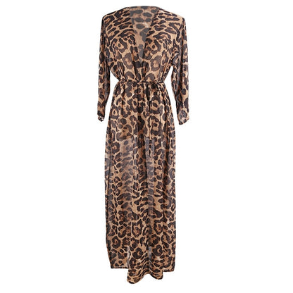 77HC Womens Long Bikinis Cover-ups Beach Dress Summer Sexy Robe Beachwear Leopard-printing Tunic Top Swimwear Cover-Ups Dress