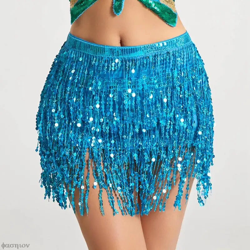 Sexy Women Belly Dance Hip Tutu Skirt Scarf Wrap Belt Glitter Sequins Tassel Hipscarf Skirt Sundress Costume Fringe Skirt Outfit