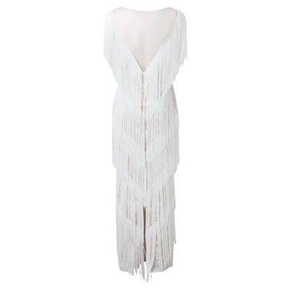 Womens Deep V Midi Fringed Dresses Sleeveless Pencil Party Solid Elegant Sexy Skirt Long Dresses Evening Party Mujer