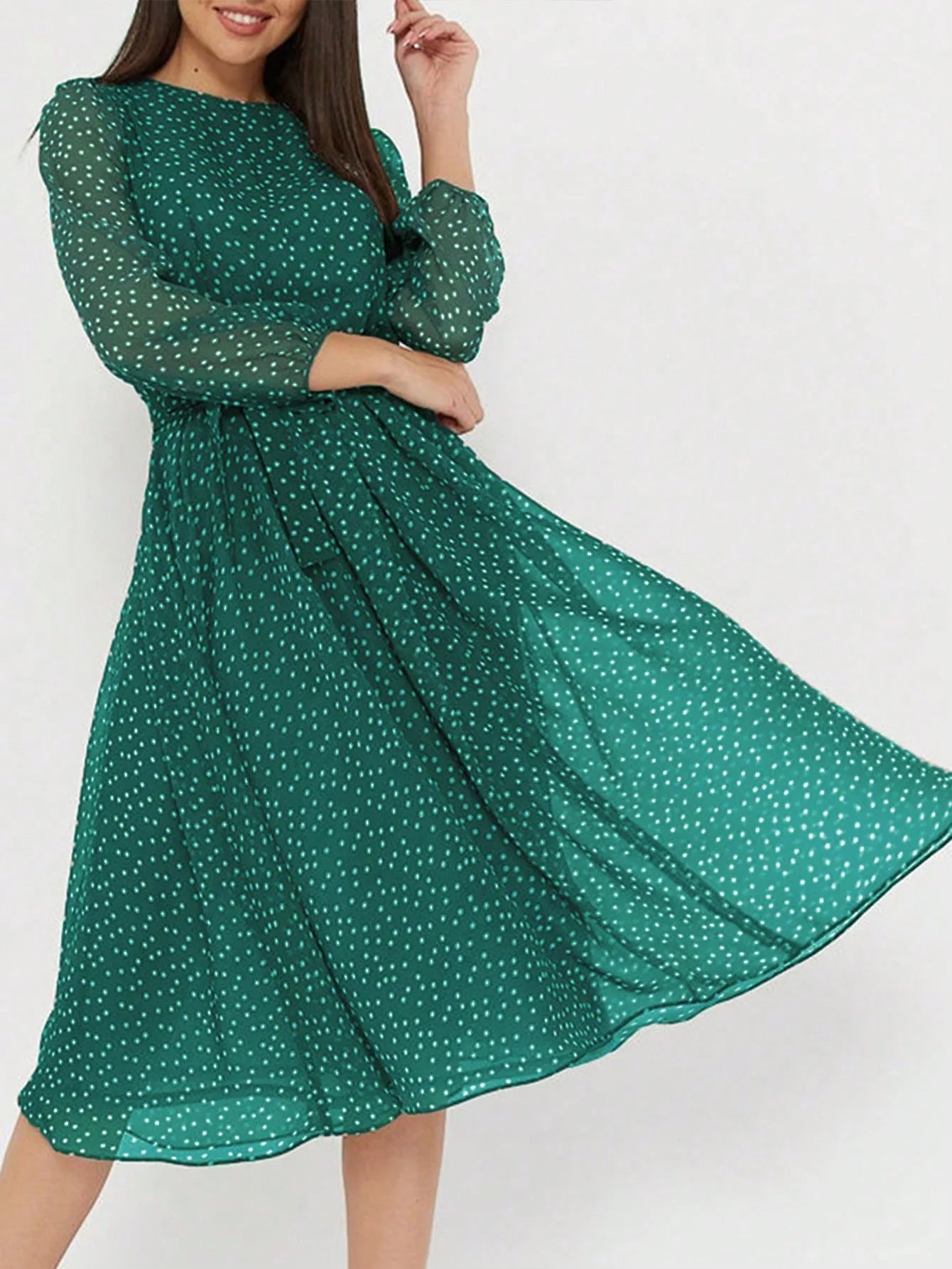 Print Dot Dress Women Casual Long Sleeve Round Neck Midi Dresses Lace Up Vocation Elegant Vestidos Summer 2025 Y2k Streetwear