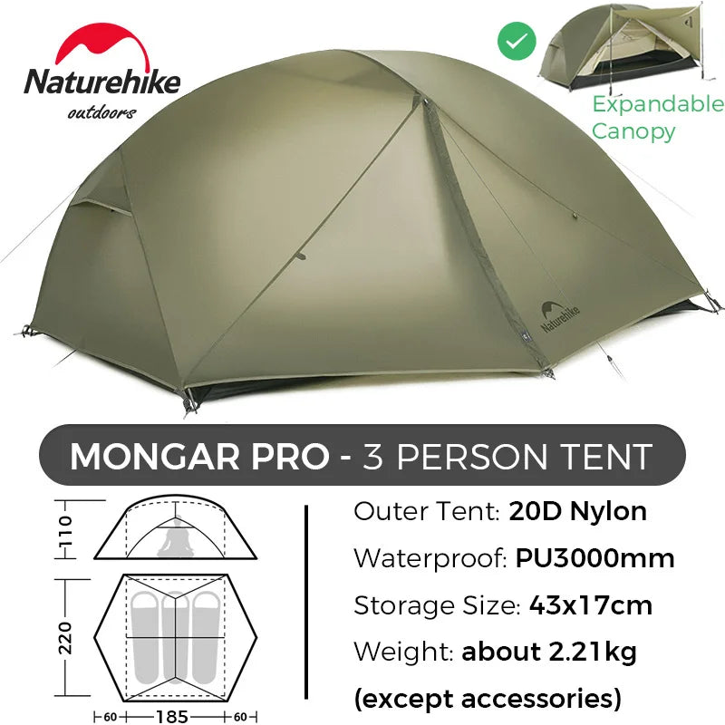 Naturehike Mongar 2 Person Tent Ultralight Camping Tent Outdoor Travel Tent Double Layer Waterproof Tent 3 Season Portable Tent