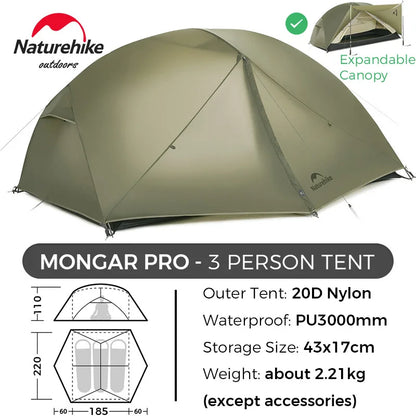 Naturehike Mongar 2 Person Tent Ultralight Camping Tent Outdoor Travel Tent Double Layer Waterproof Tent 3 Season Portable Tent