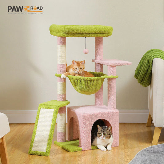 Cat Tree for Indoor Cats, Small Cat Tower with Large Cat Condo, Cat Scratching Posts, Cozy Cat Hammock and Cat Scratching Ladder
