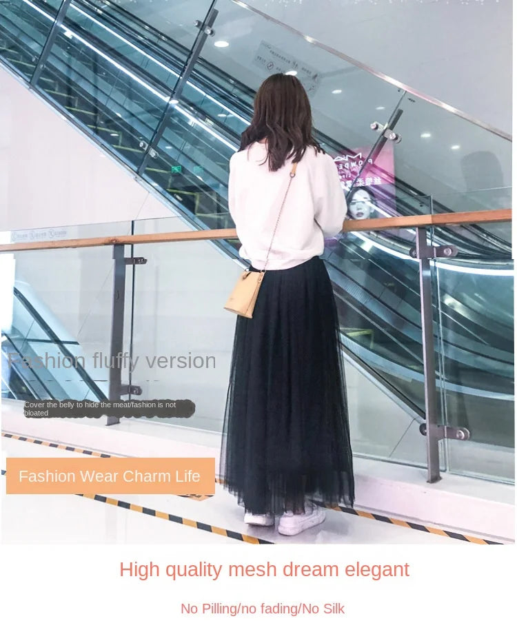 Women Mesh Elastic Tutu Skirt Beach Spring Summer Korean High Waist Fashion Pleated Long Skirt Black White Tulle Skirts LSK010