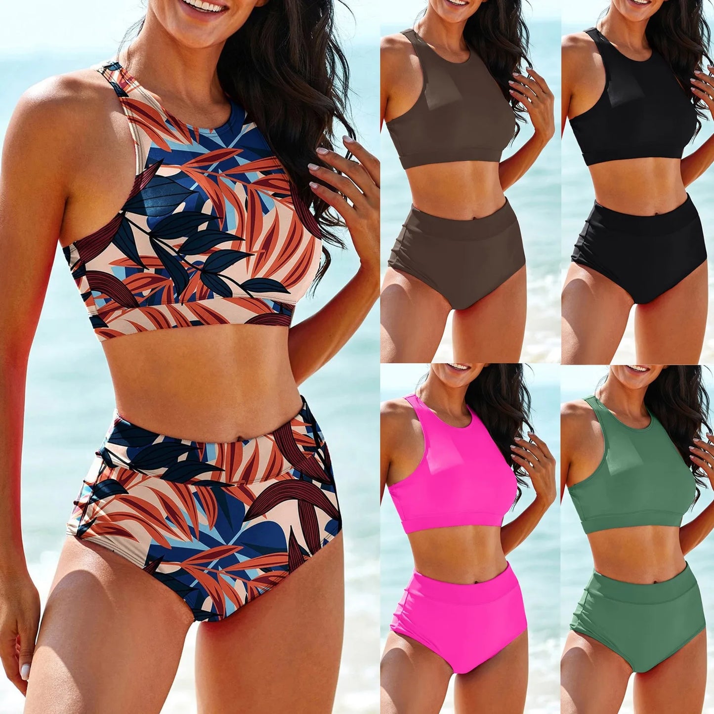 Women'S Solid Color Tank Top Swimsuit Ladies Split High Waist Swimsuit Two-Piece Set Traje De BañO Mujer Biquinis Feminino