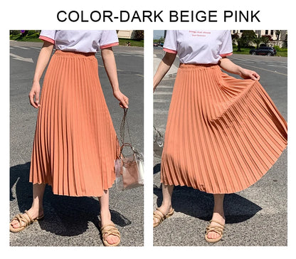 Womens Chic Pleated Swing Long Skirt with Liner Korean Fashion Kawaii Elastic High Waist OL Chiffon Shirring Mermaid Skirts K77