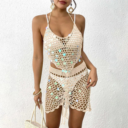 Hollow Out Crochet Bikini Two-Piece Cover Up Shirt Womens' Swimwear Set Sequin Splicing Vacation Beach Set Summer Swimsuits