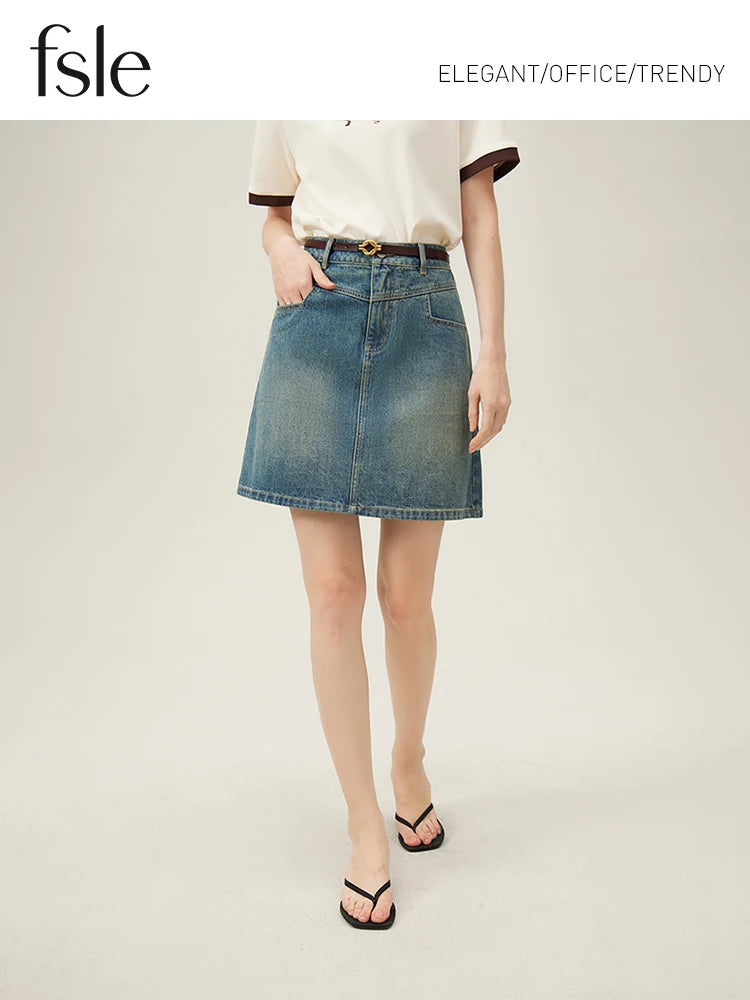 FSLE Academy Style Denim Skirt For Women's 2024 New Summer A-line High Waisted Short Blue Women Shorts Casual Skirt 24FS12171