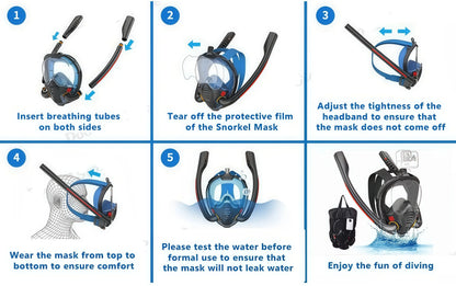 XIAOTREE Dual-Tube Silicone Full-Face Dry Snorkel Mask Adult Swimming Diving Mask Underwater Breathing Mask