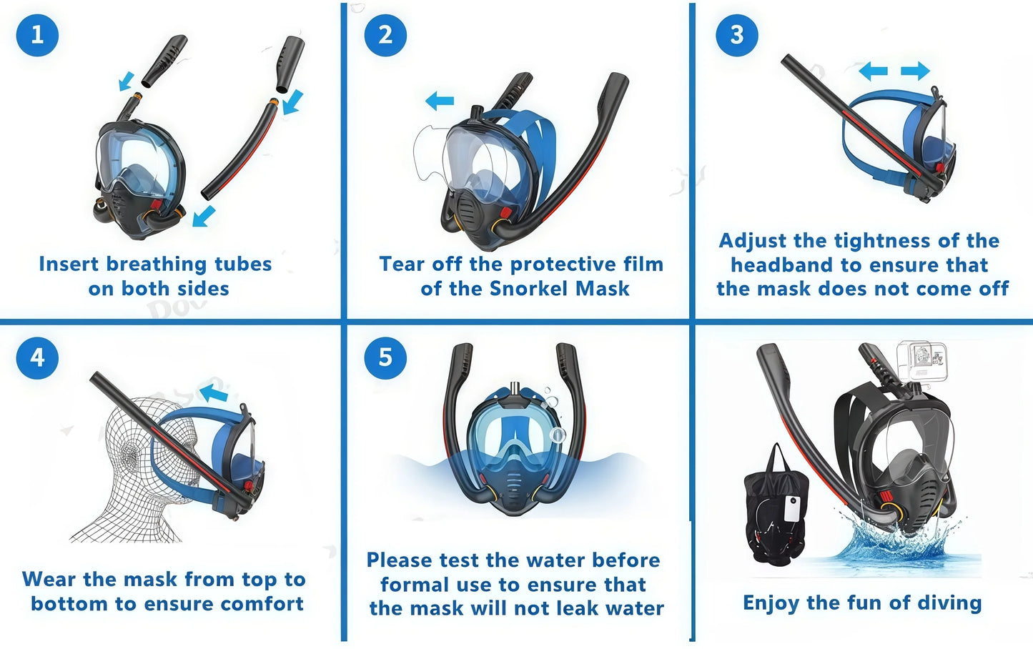 XIAOTREE Dual-Tube Silicone Full-Face Dry Snorkel Mask Adult Swimming Diving Mask Underwater Breathing Mask